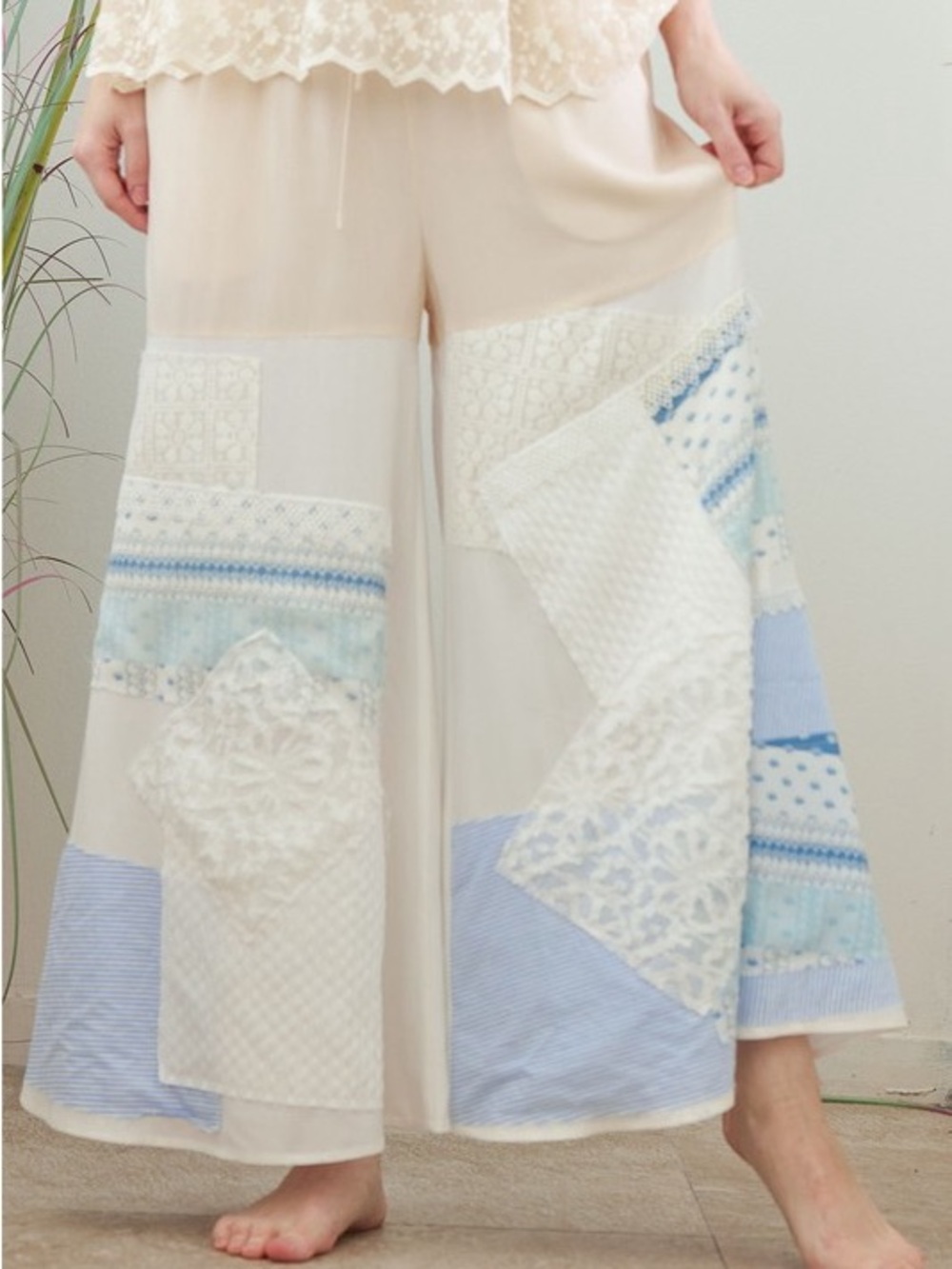 Boho Patchwork Wide-Leg Pants - Cream & Light Blue